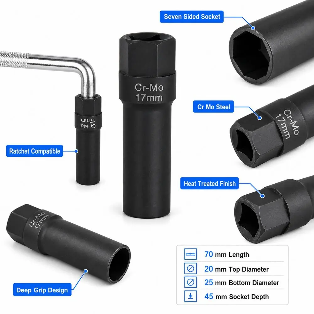 Anti Theft Socket Wheel Lug Socket Cr Mo Steel Heat Treated Lug Nut Socket Ratchet Compatible Seven Sided Locking Lug Key
