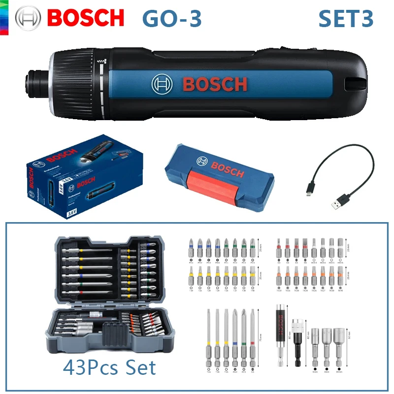 BOSCH GO 3 New 3.6V Intelligent Electric Screwdriver Portable Light Press Type With USB Charging Cable Wrench Set Combination