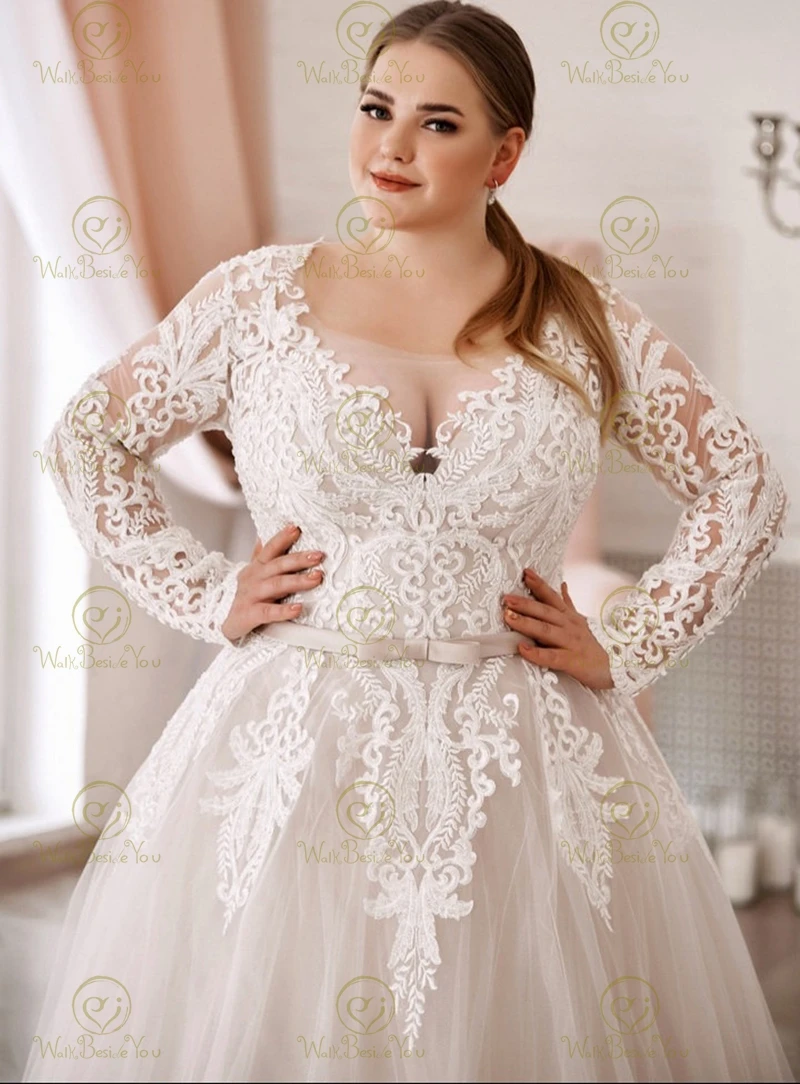 Ivoor-Champagne Trouwjurken Plus Size 2024 Volledige Mouwen Lange Vloer Lengte Kant Applique Tule Bruid Jurk Elegante Baljurk