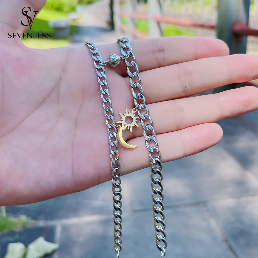 2pcs/set 18K gold plated titanium steel Sun Moon Charm couple Bracelet men and women simple stainless steel magnet jewelry gift image 5