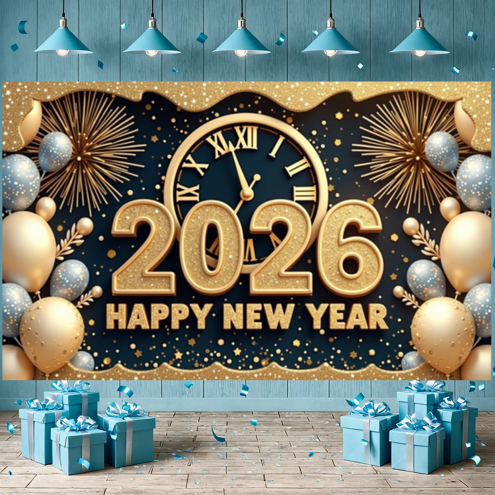 2026 New Year Display Black Background Celebration Background Happy 2026 New Year Background Blue Yellow Balloon Design