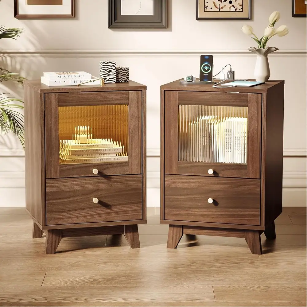 Pair of Walnut Nightstands with Charging & LED Lights, Modern Bedroom Furniture, 2 Wooden End Tables/Side Tables
