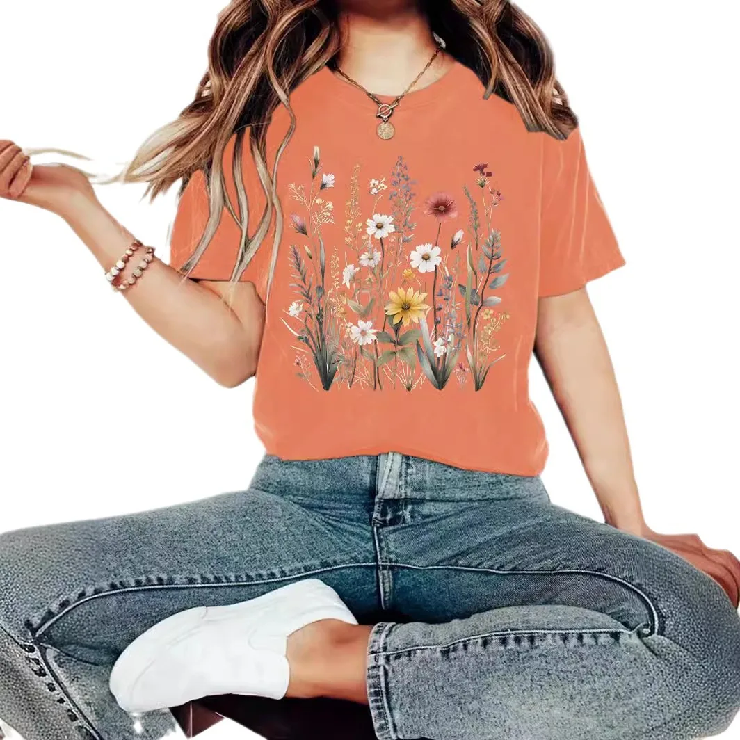 

Летняя женская футболка круглого цвета Ne ort Sve с цветочным принтом и принтом Casual Faion Thi, хлопковая футболка из чистого ткани