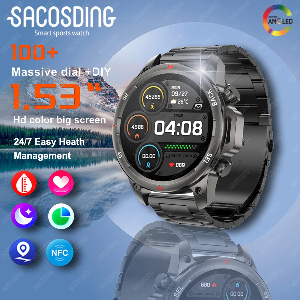 2024 New GPS SOS Military Men SmartWatch Compass NFC Flashlight Watches 1.53 inches 400mAh BT Call Waterproof Sports Wristwatch