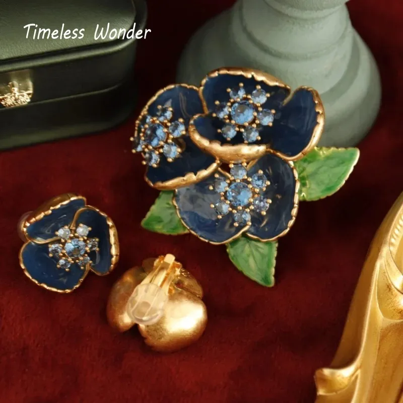 Timeless Wonder Retro Enamel Zircon Geo Floral Brooch Pins for Women Designer Jewelry for Gown Runway Rare Luxury Gift Set 5381