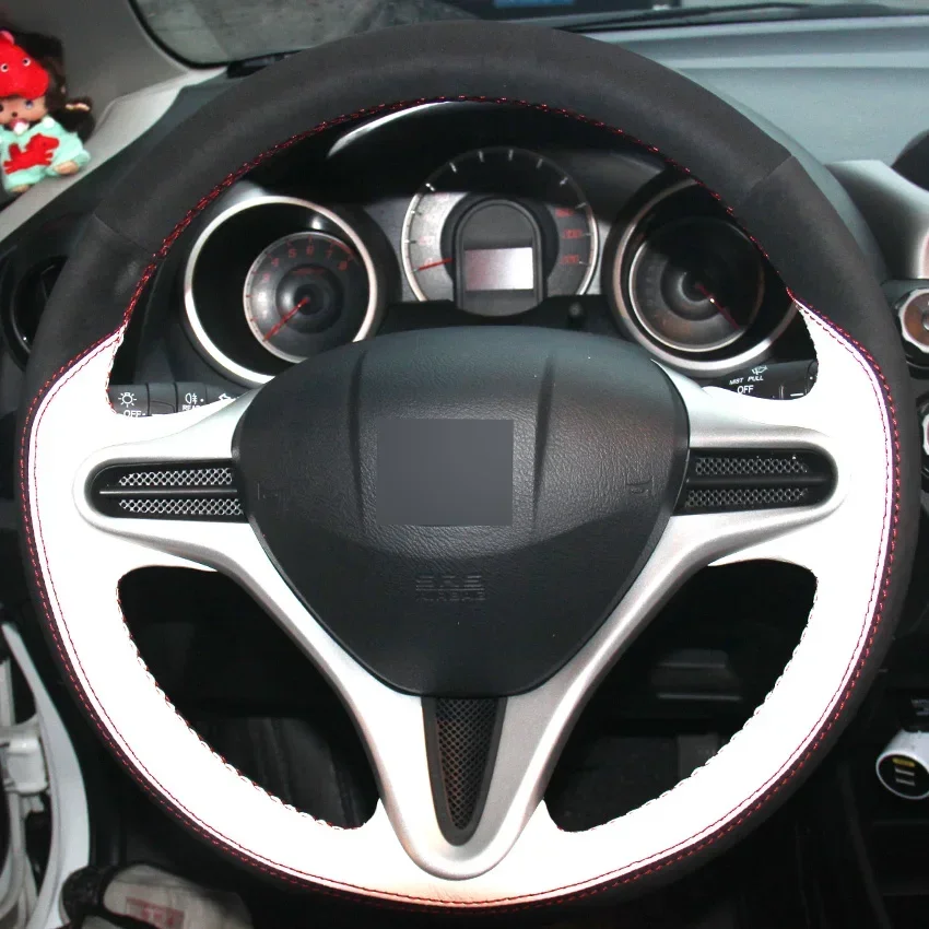 

White Leather Black Suede Hand-stitched Car Steering Wheel Cover for Honda Fit 2009-2013 City Jazz