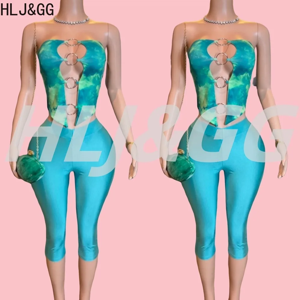

HLJ&GG Sexy Tie-dye Woman 2 Piece Set Outfit Sleeveless Backless Hollow Out Tank Top + Pants Suits Female Streetwear Clothing