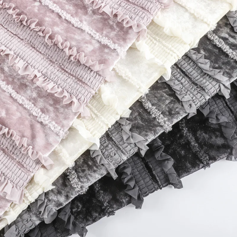 

New velvet stretch fabric with 3D ruffled edges and striped decorative trim, designer embroidered fabric