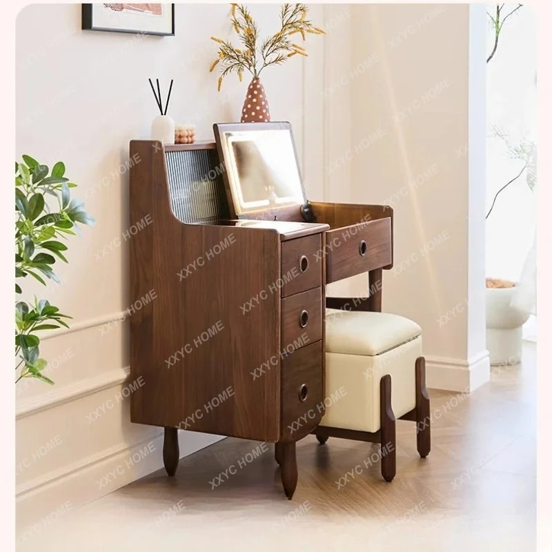 

LBedroom Black Walnut Solid Wood Dresser Storage Cabinet Integrated Flip Desk Dresser