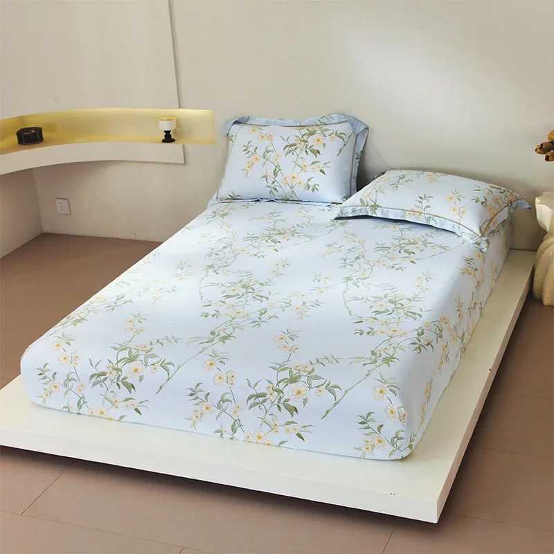 100% Lyocell Fiber Bedsheet Skin-friendly Bed Cover Elastic Fitted Sheets Printed Bed Linen Sabanas (Pillowcase Need Order)