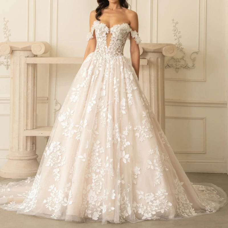 Luxury Champagne Dubai Arabic Mermaid Wedding Dresses Applique Lace Tull A-Line Court Train Wedding Dress Bridal Gowns vestidos