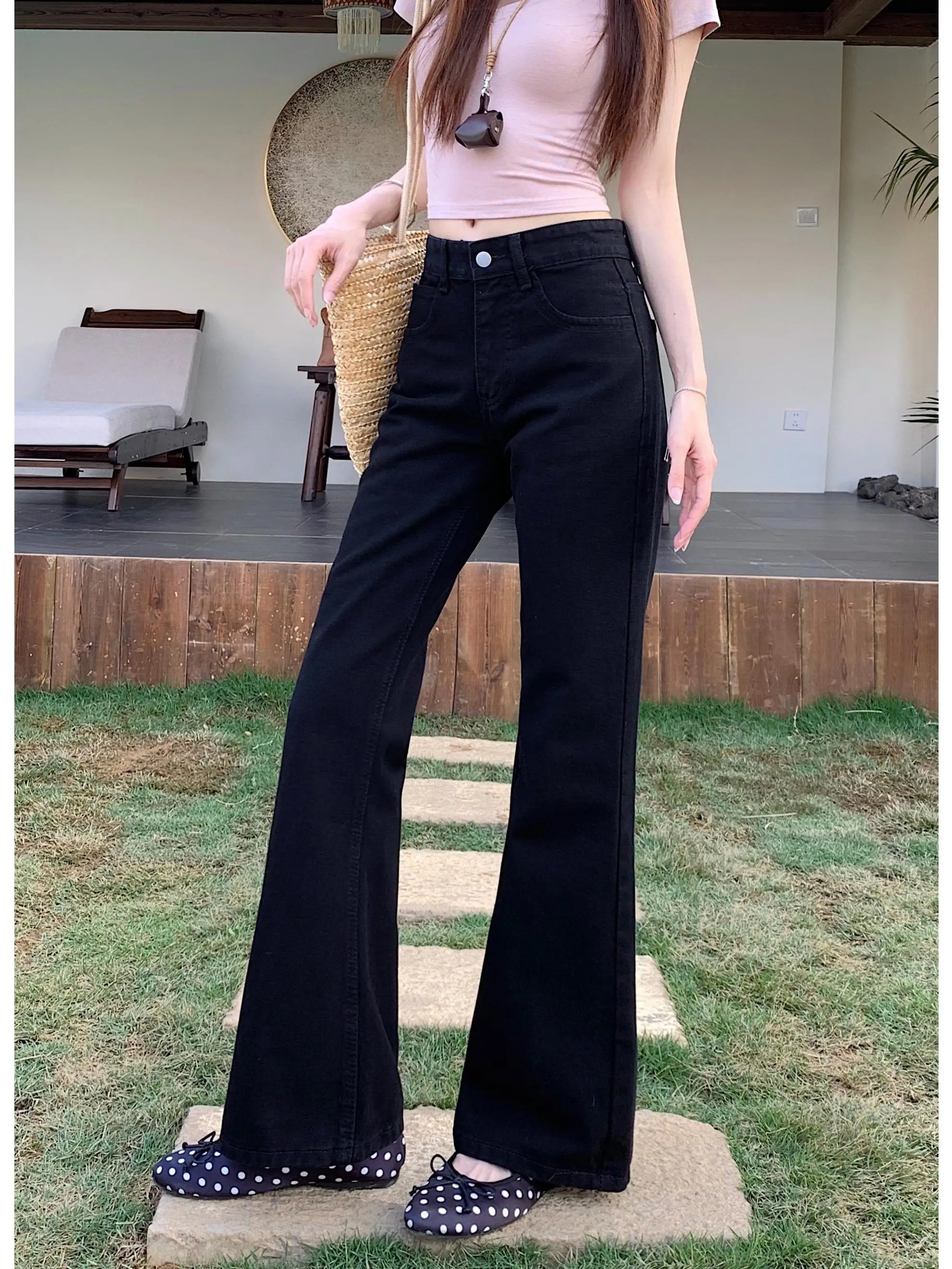 

Low Waist Black Bell Bottom Jeans Women's Summer 2026 New Style Elegant Loose Long Pants Floor Length Casual Commute Style