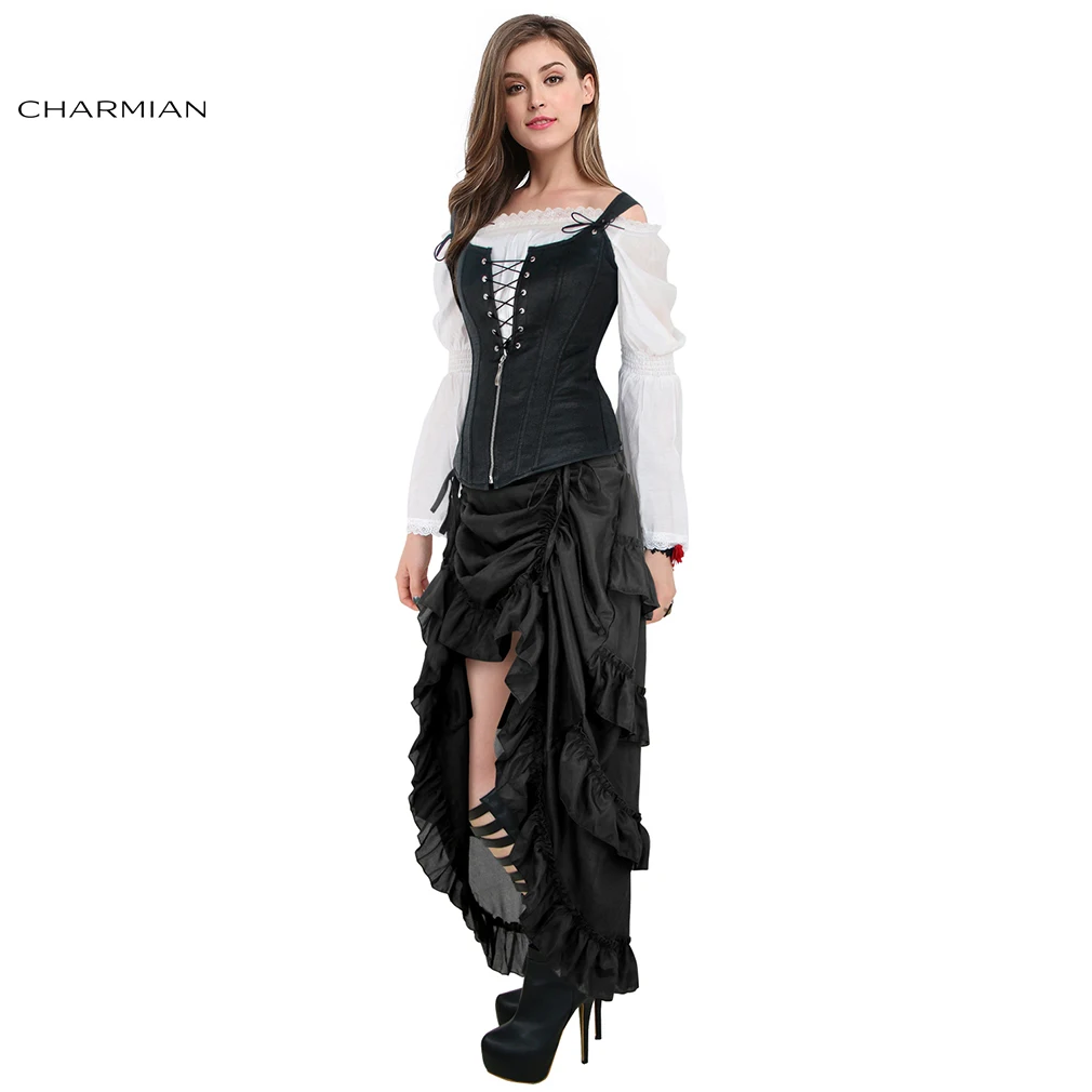 Charmian Steampunk Pirate กระโปรงผู้หญิง Gothic ยุคกลาง Renaissance สูงต่ํา Ruffle Cyberpunk ตาข่ายกระโปรงกระโปรงรัดตัว Plus ขนาด