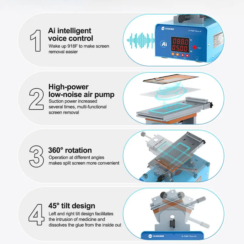 S-918F Plus Ai Curved Screen Separator AI Intelligent Voice Control 360° Rotation for Flat and Curved Screen Repair Tools