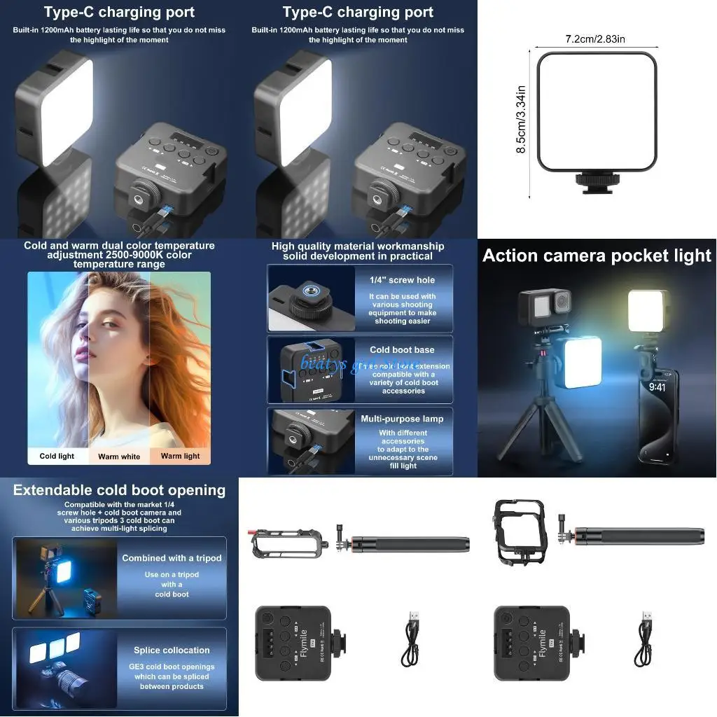 

C7AB Rechargeable Camera Fill Light Video Light for X4 Camera Adjustable Color Brightness Perfect for Photography Work