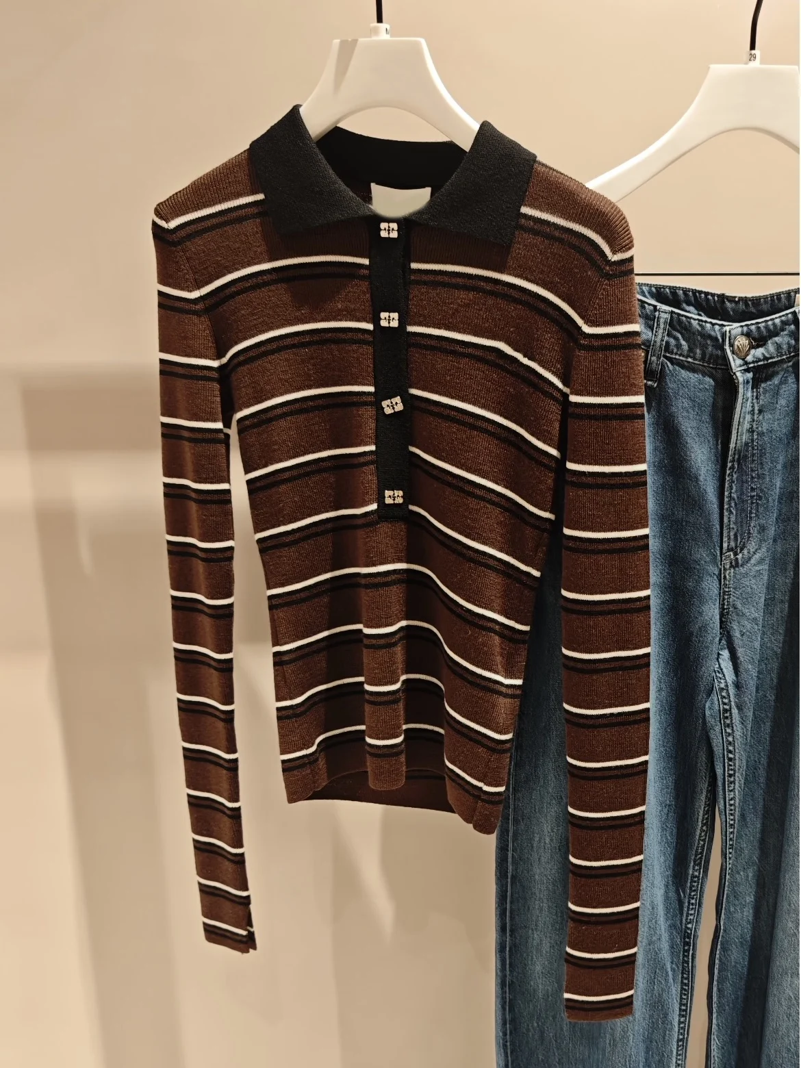 Early Autumn Brown Stripe Long Sleeve Slim Fit Knitted Shirt Women's Wool Blend Fashionable Casual Style Heidd Brand