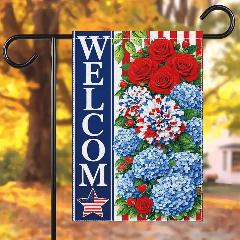American Flag Welcome Garden Flag, 12x18 Inch Outdoor Patriotic Decor with Red Roses Blue Hydrangea, Front Yard Porch Summer jjp