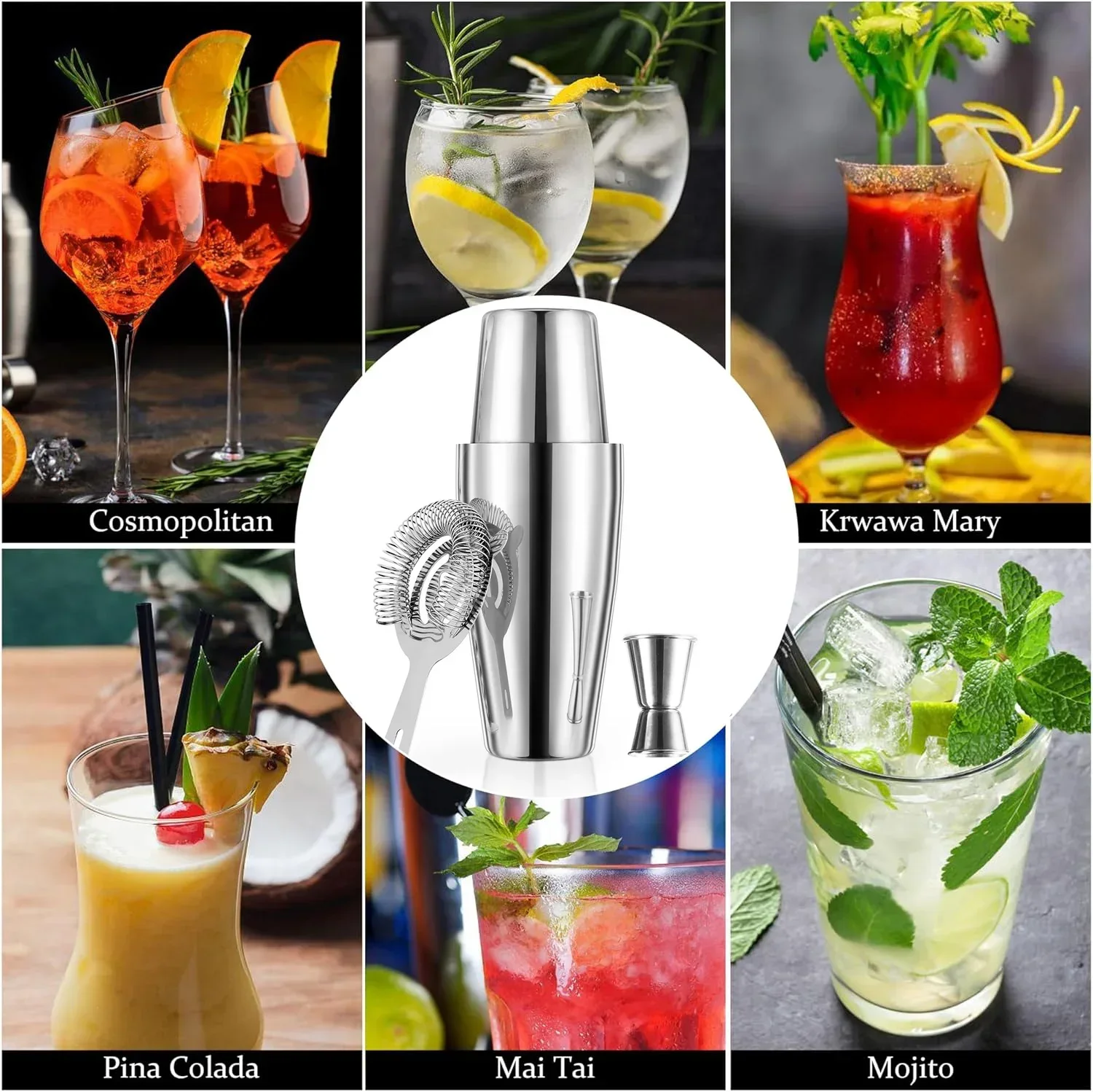 3Pcs Professional Boston Cocktail Shaker Set, Stainless Steel Cocktail Mixer, Martini Shaker, Bartender Bar Set, Wine Cup Set