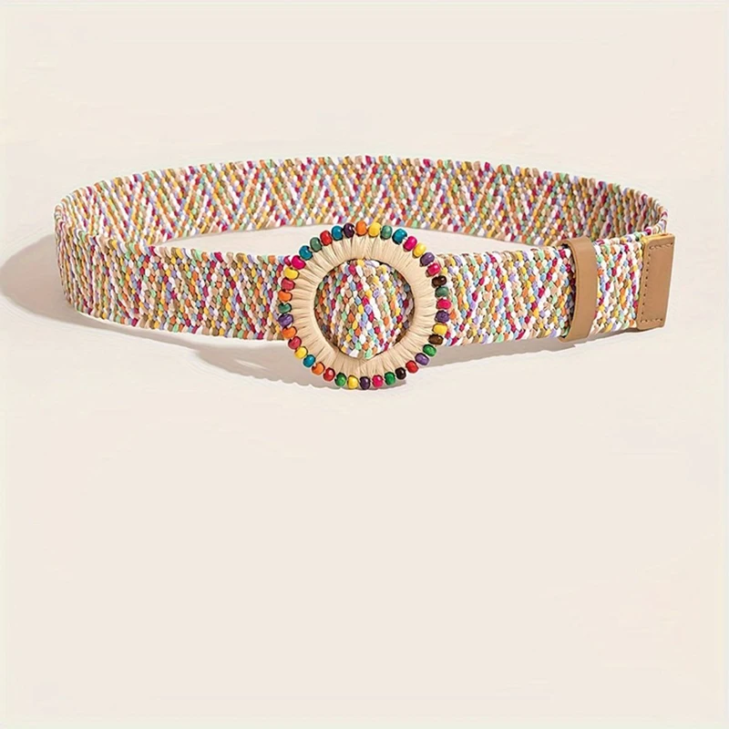 Western Colourful Braided 5cm Wide Bohemia Pin Buckle Straw Weave Women Waistband Fashion Beach Dress Belt for Ladies