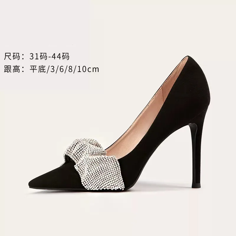 Spring and summer new pointy fleece rhinestone flat sole single shoes thin high heels banquet dress large small women's shoes