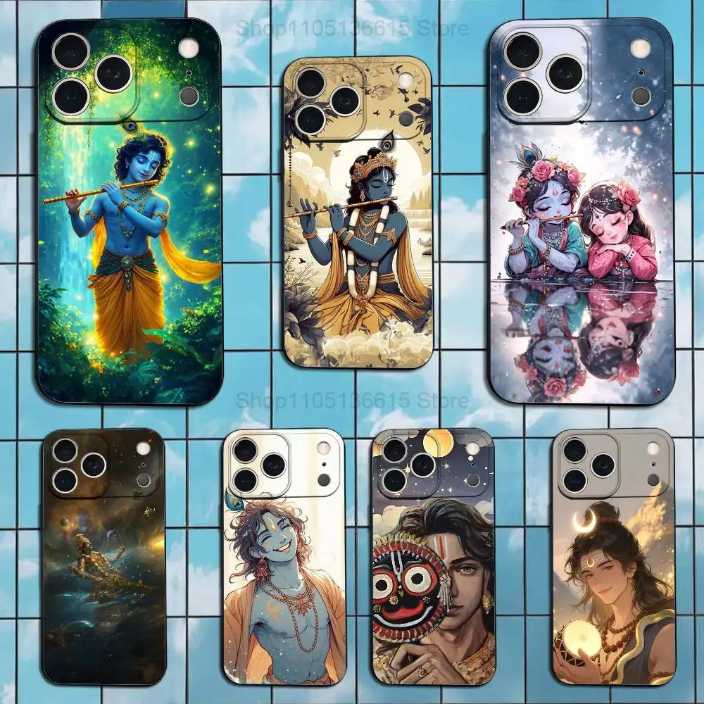

God Indian Lord Krishna Phone Case For iPhone 17,16,15,14,13,12,11 Plus,Pro Max,XS,X,XR,SE,Mini,8,7,Soft Silicone Black Cover