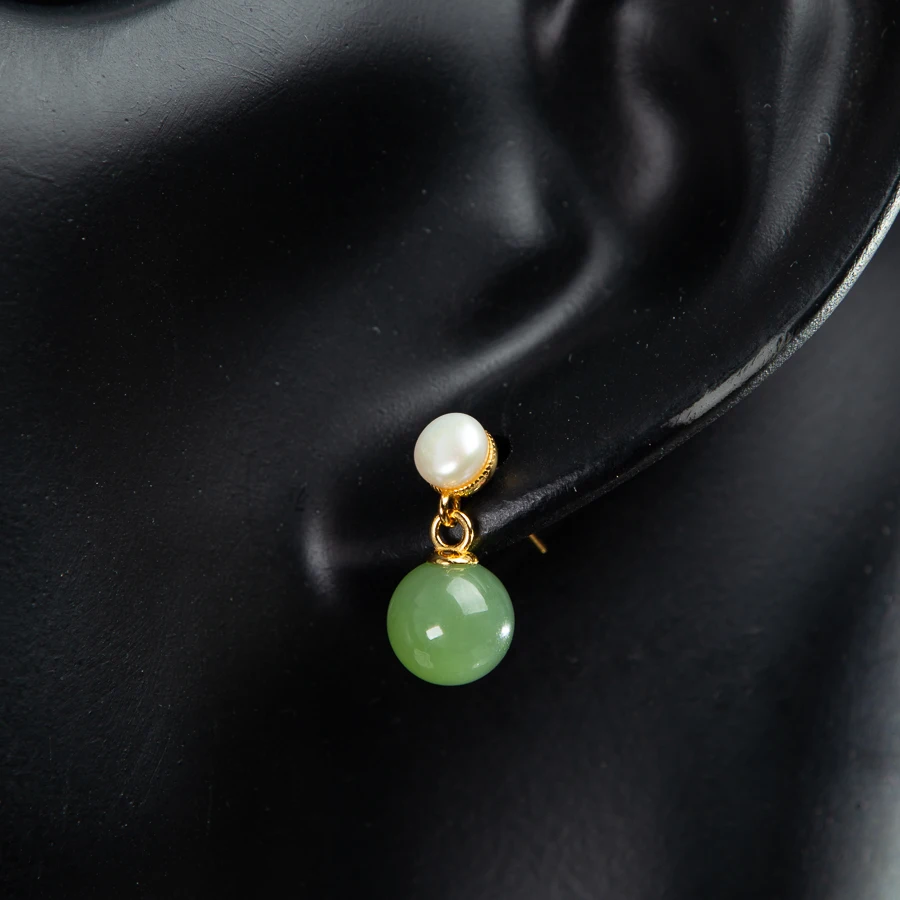

TIMESWIND Natural Original Jade Green Round Bead Pearl Women S925 Fashion Earrings with Certificate