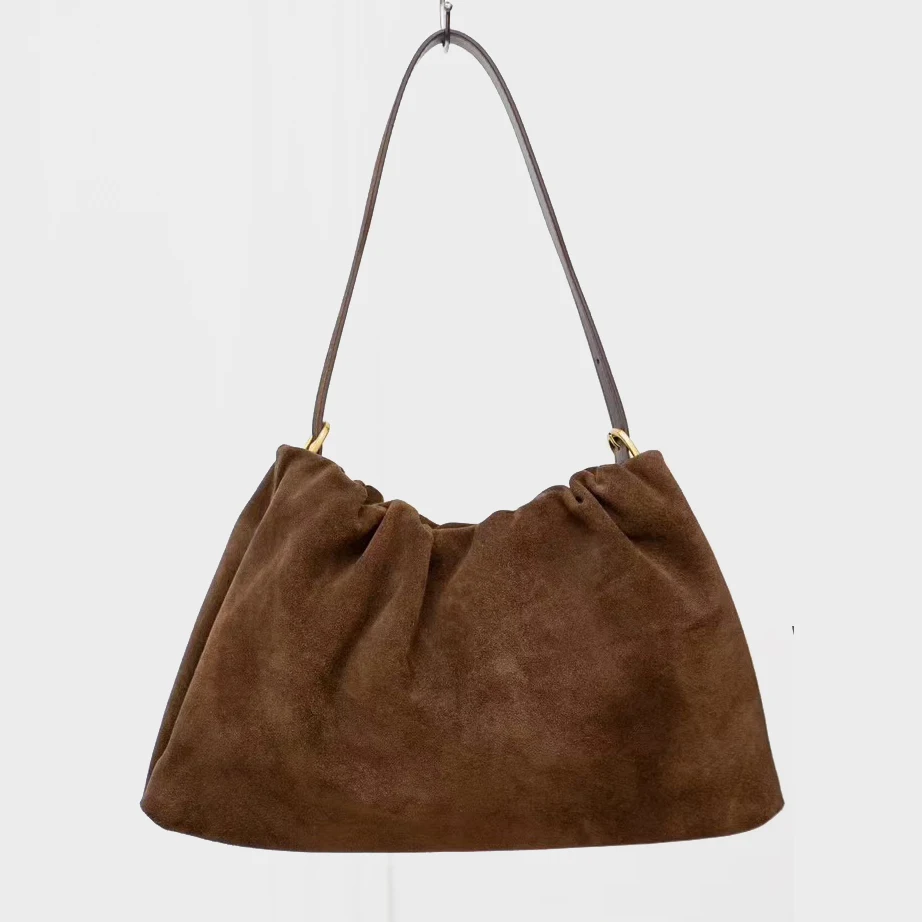 

Suede underarm bag 2025 new genuine leather vintage pleated frosted hand-held crossbody bag fashionable ladies shoulder bag