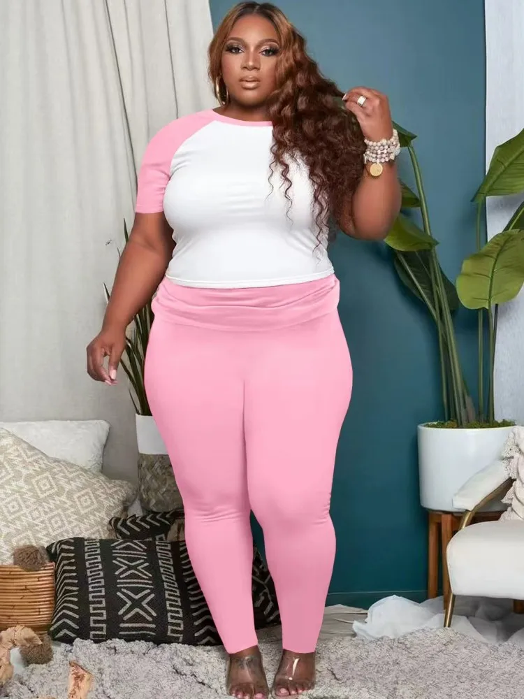 L-4XL Plus Size Clothes Sets For Women's Clothing Two Piece Set Casual Solid Short Sleeve Top And Pants Set Fashion Clothing