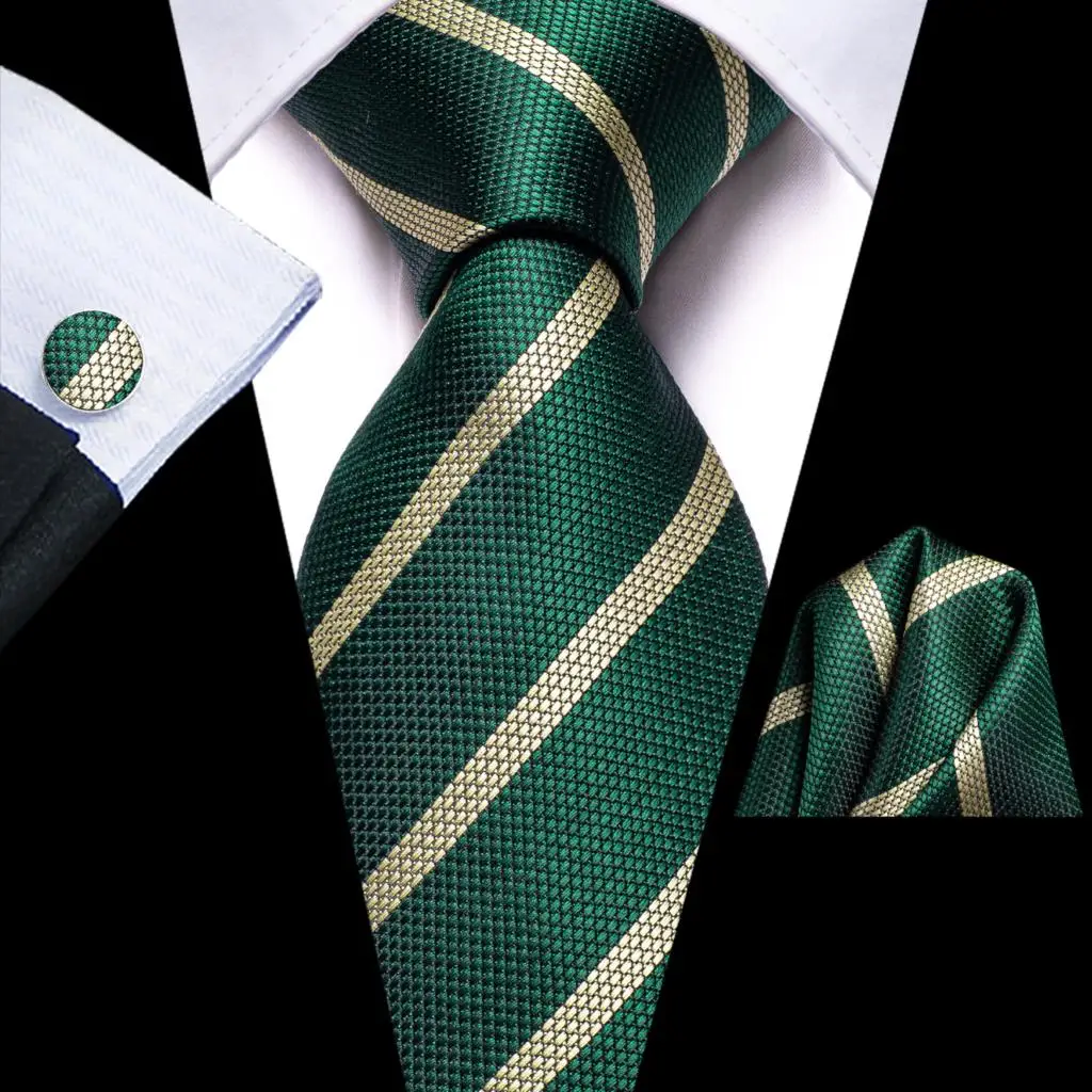 

Striped Green Silk Wedding Tie For Men Handky Cufflink Gift Mens Necktie Fashion Business Party Dropshiping Hi-Tie Designer