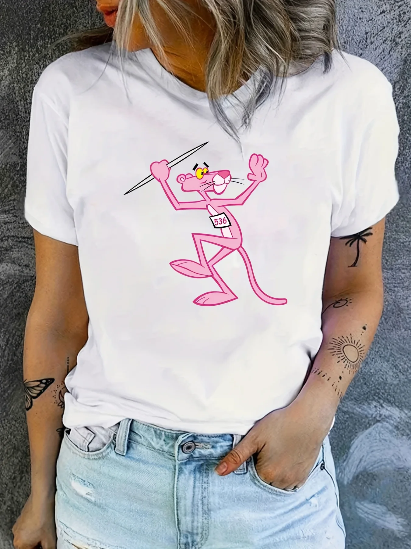 

Мужские и женские футболки из чистого хлопка с графическим принтом «Розовая пантера», лето, осень и зима, роскошные уличные футболки с короткими рукавами