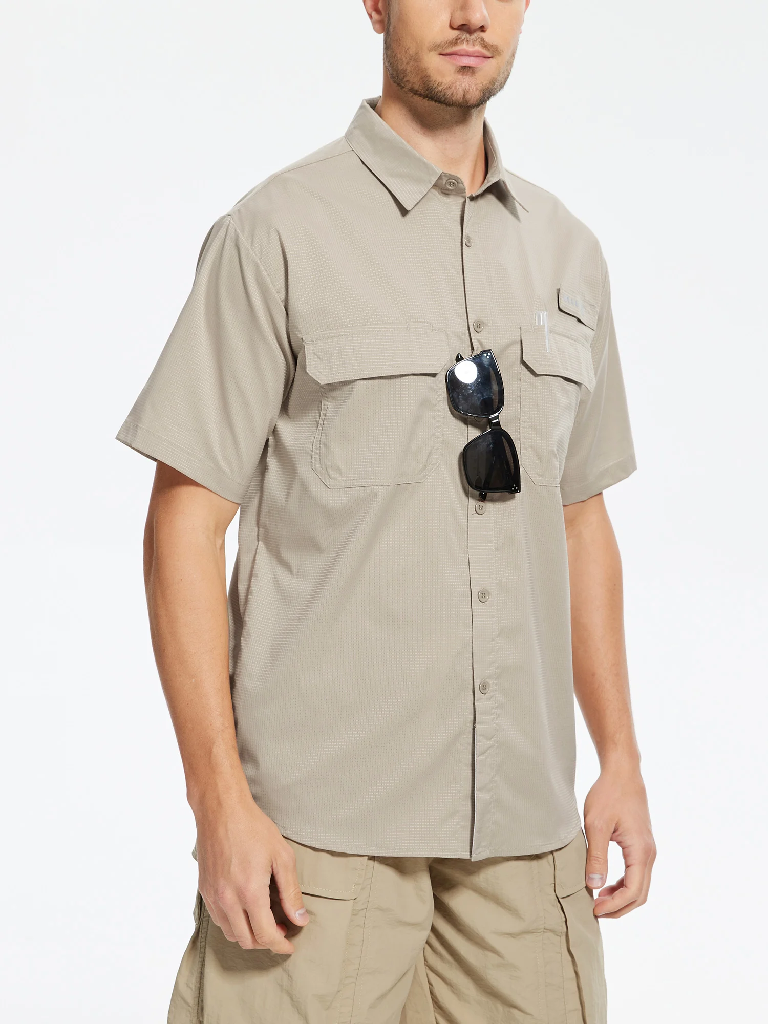 Herren UPF 50+ Kurzarm-Angelhemden mit Sonnenschutz, Rashguard, lässiges Button-Down-Angel-Wandershirt mit atmungsaktivem Mesh – Detail 10