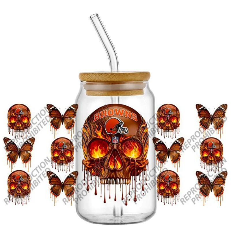 Hotsale Popular Football Team Skull Butterfly 16oz UV DTF 3D Transfer Sticker Decals For Glass Can Cup Craft DIY Creative
