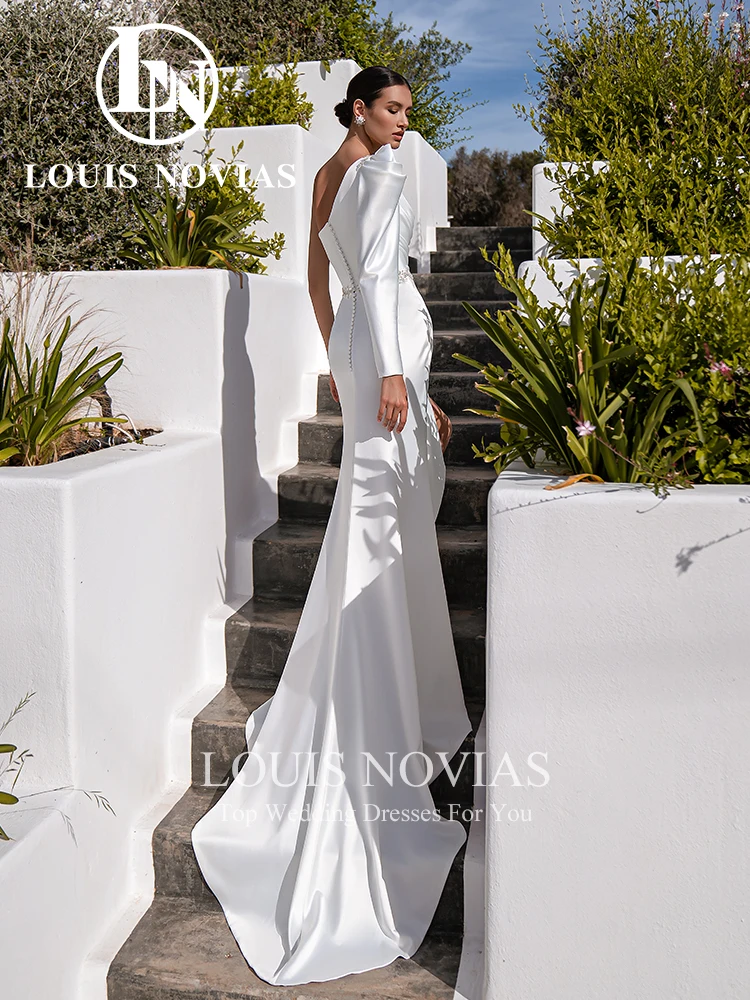 LOUIS NOVIAS Mermaid Wedding Dress 2024 Thigh Split Sashes Wedding Gown One Shoulder Long Sleeves Bride Dress Vestidos De Novia