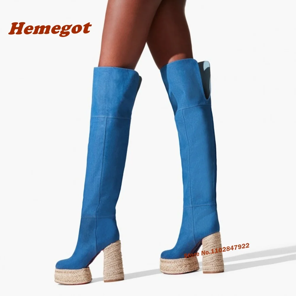 

Espadrilles Calf Leather Boots Blue Cotton Denim Natural Rope Sole Platform Chunky Heels Knee High Boots for Female Newest Sexy