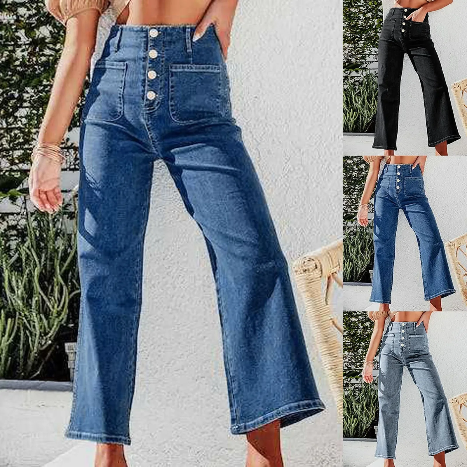 Nouveau pantalon en Denim décontracté taille haute pantalon droit à jambes larges femmes couleur unie coupe ajustée pantalon de mode avec bouton