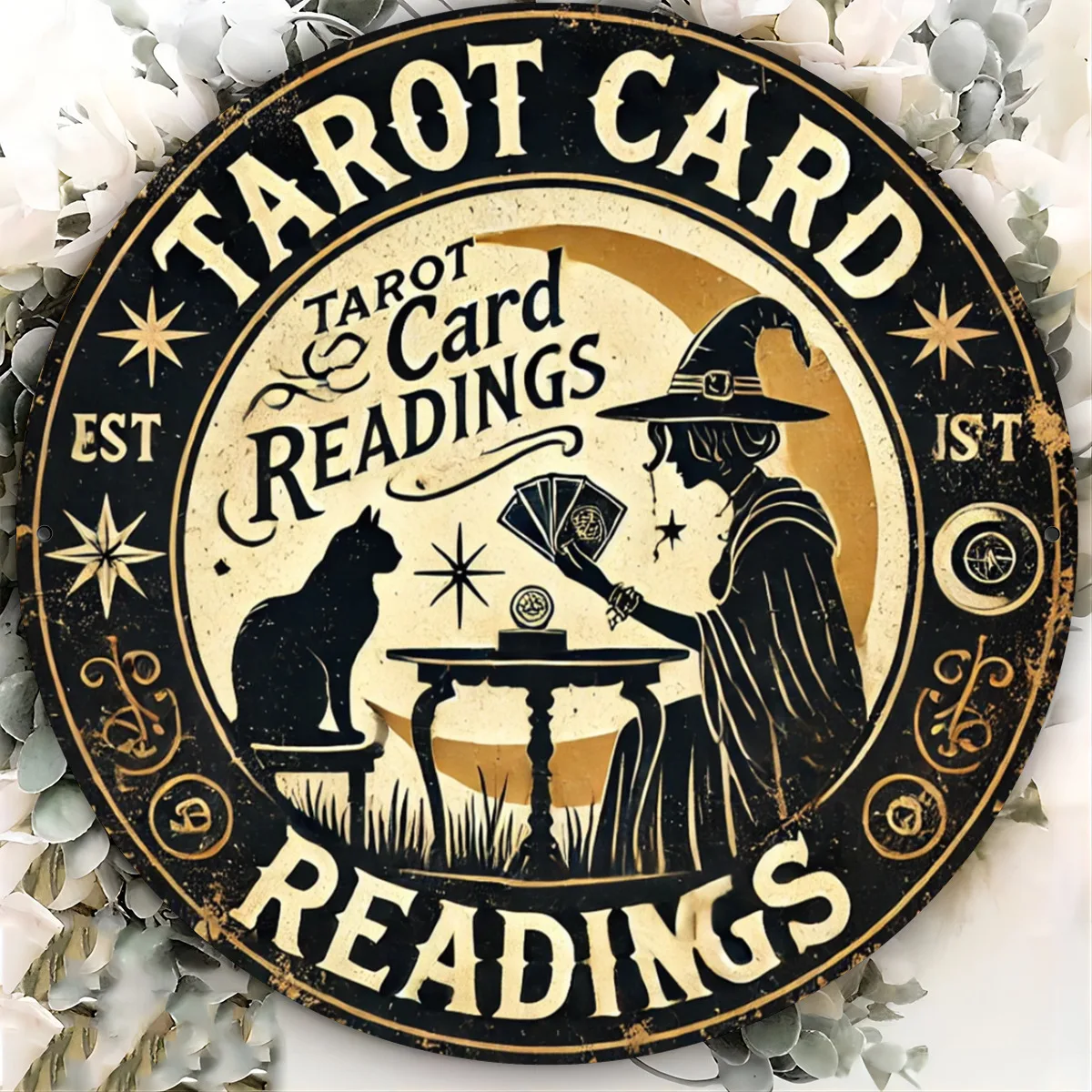 Vintage Retro Tarotkarten-Lesezeichen aus Blech, Rustikaler Hexen-Glücksratgeber mit schwarzer Katze, Metall-Wandkunst, Retro Mystische Hexe