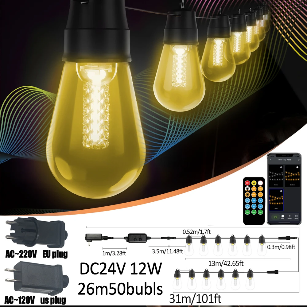 S14 26 متر DC24V أضواء خارجية لتقوم بها بنفسك سلسلة أضواء عيد الميلاد 3 طرق قابل للتعديل أضواء التحكم عن بعد لمبات لحديقة الفناء