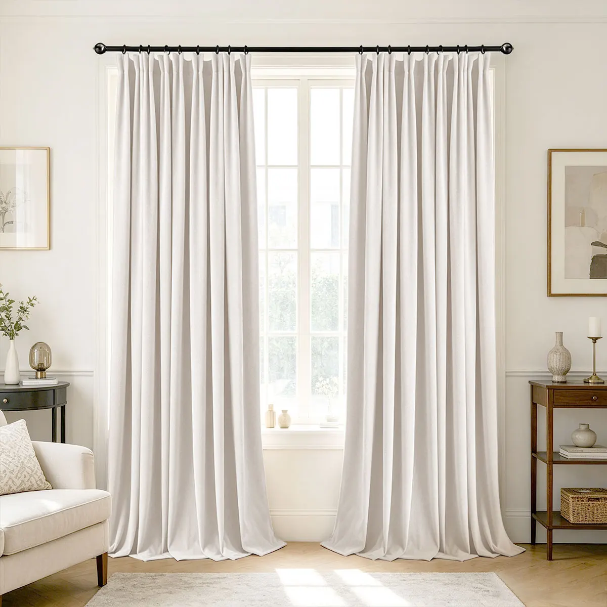 White Velvet Blackout Curtains 2‑Pack, Pinch Pleat Hook Top Drapes, Modern Solid Curtain for Bedroom Living Room Home Decor