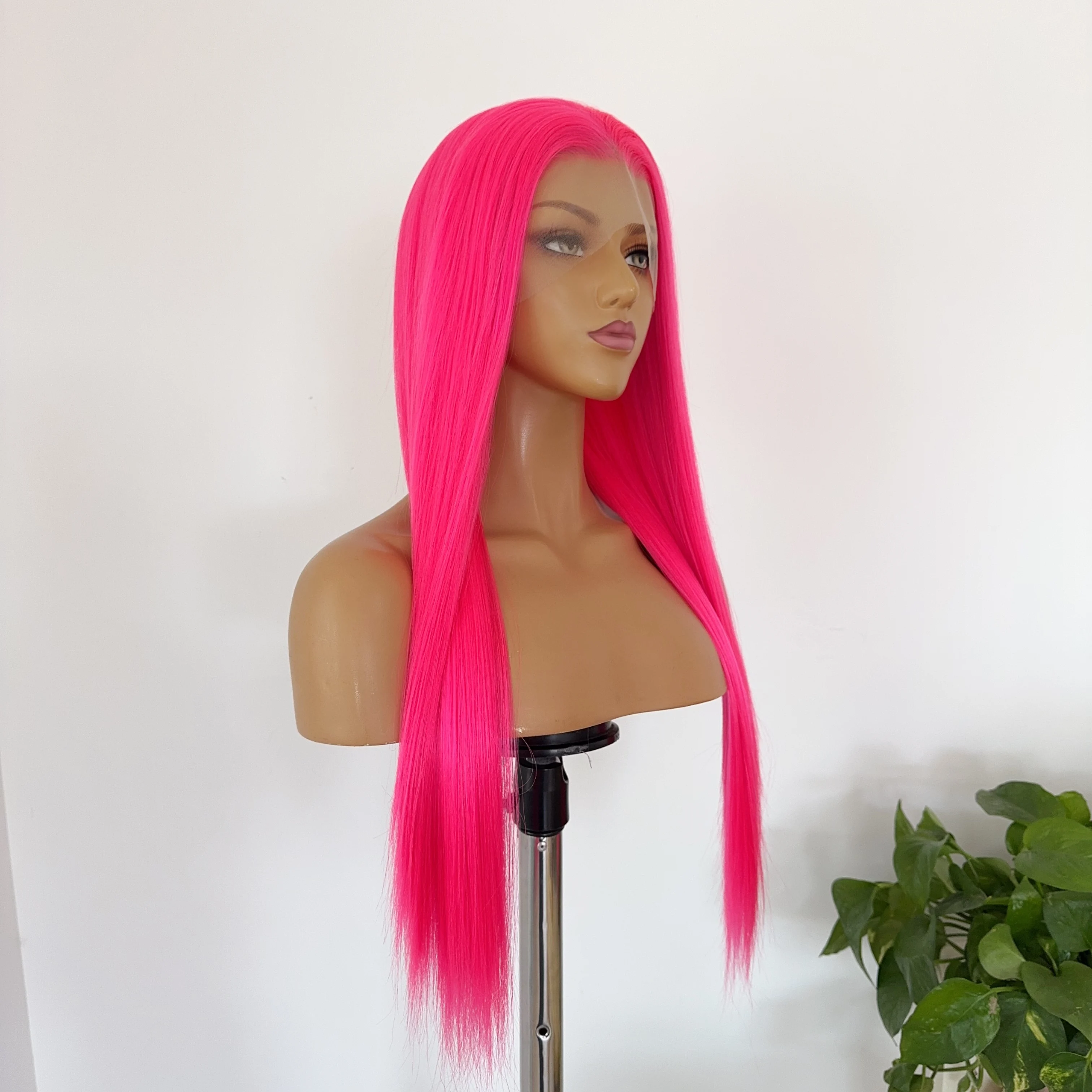 Perruque Lace Front Wig synthétique rose vif pour femmes, 26 pouces, HD, longue et lisse, 13x4, dentelle frontale naturelle, haute qualité, pour Cosplay