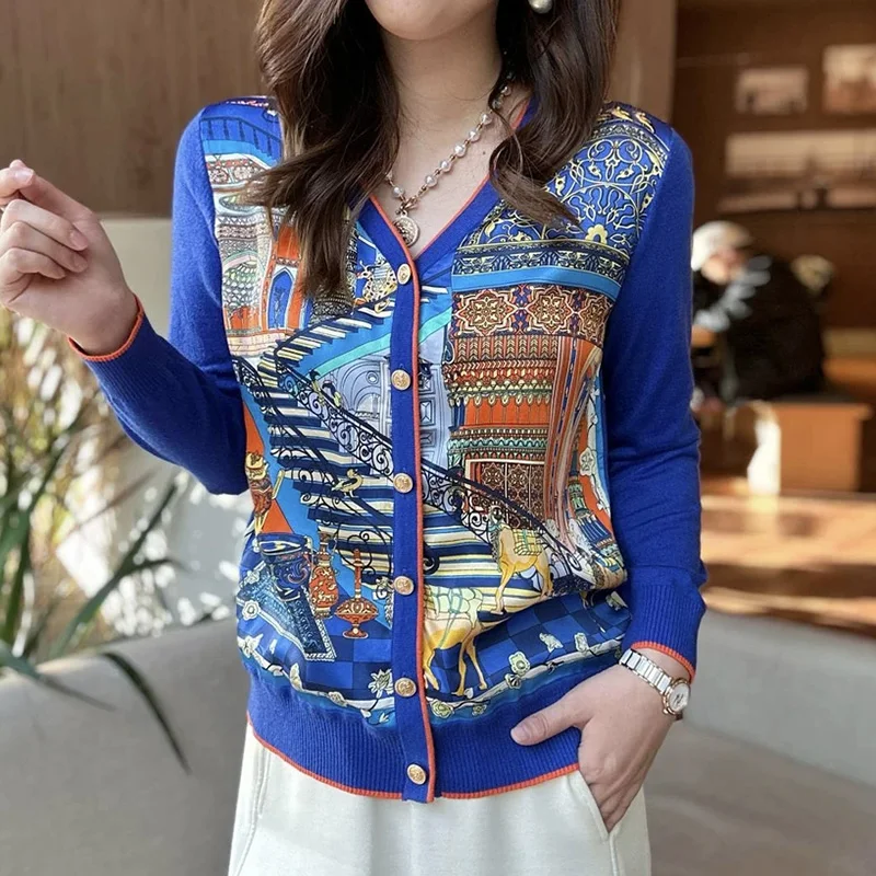 Spring and Autumn New Fashion Positioning Printed Long Sleeve Cardigan Blouses Casual Versatile V-Neck Button Patchwork Shirt