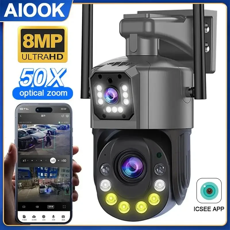 AIOOK Dual Lens HD 8MP 50X ZOOM WIFI IP CCTV Outdoor Camera Waterproof Night Vision Two-Way Intercom  Smart Video ICSEE Camera