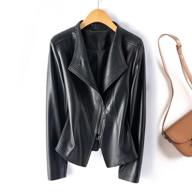 2025 بولي Leather جلد المرأة قصيرة ضئيلة جلدية ربيع الخريف سترة جلدية جديدة طويلة الأكمام دعوى طوق سستة معطف صغير #2