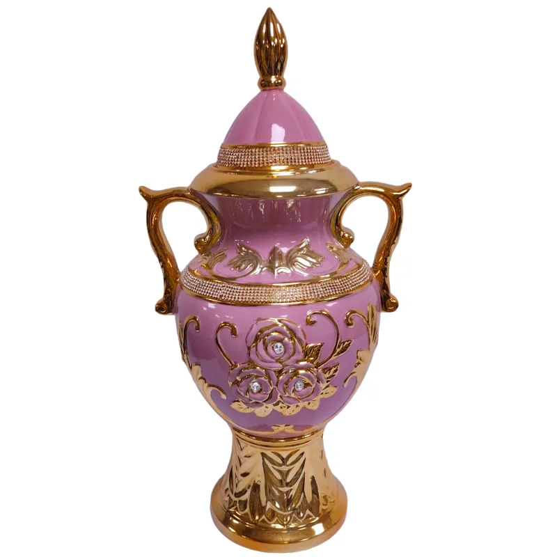 Luxury Pink Double Handle Ceramic Jar Gold Floral Rhinestone Cover Elegant Home Decor Storage Container Floor