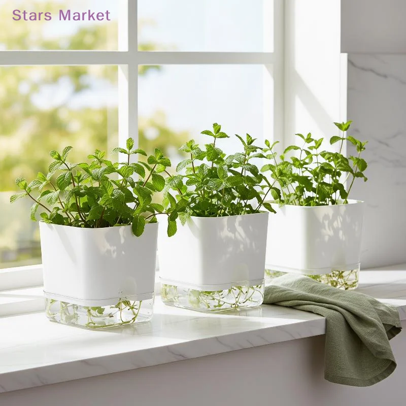 White Self Watering Plant Pot Square Double Layer Flowerpot For Home Indoor And Outdoor Balcony Garden Plants Decor Flowerpot
