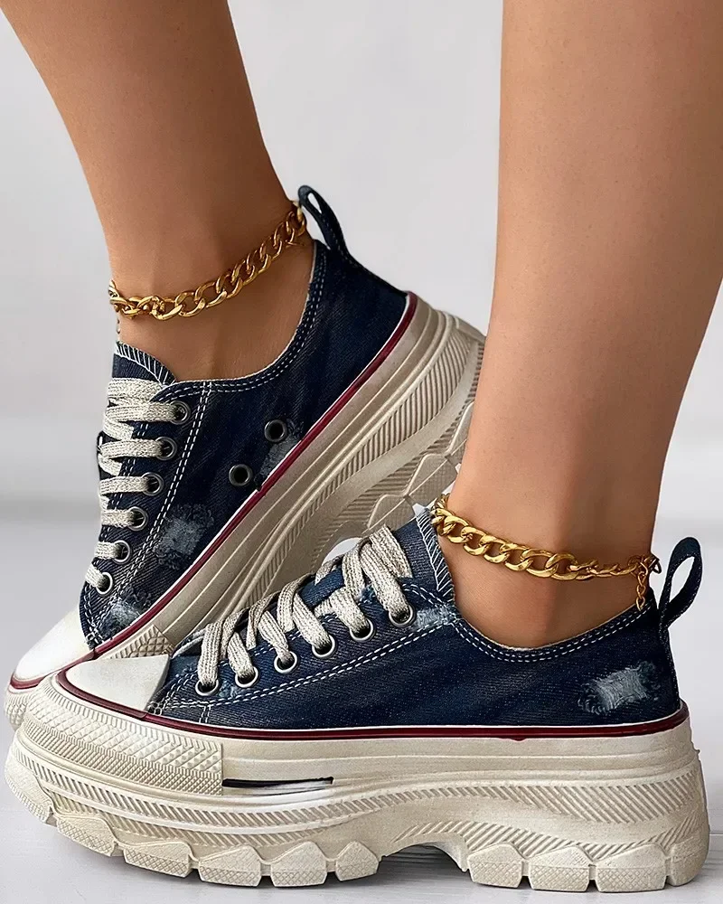 Sneakers Women Lace-up Platform Casual Canvas Sneakers Denim Canvas Summer New Flats Platform Sport Running Women Shoes Walking