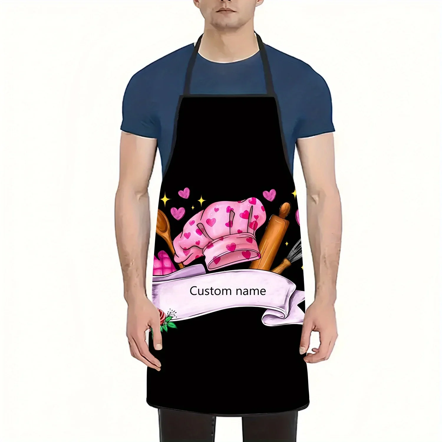 1pc Custom Text Personalized Apron - Pink Chef Theme with Kitchen Utensils, Hearts & Stars Print, Durable Polyester Sleeveless - view 5