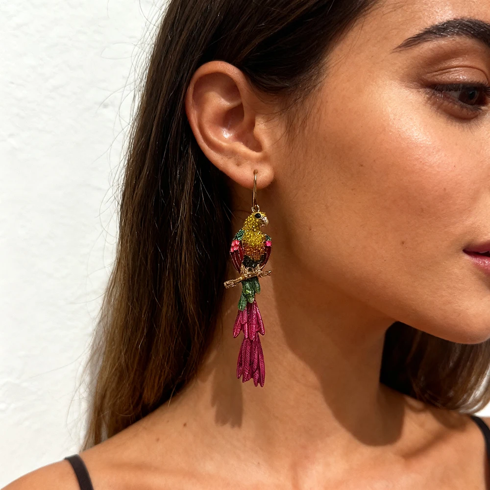 Brincos Pendentes Vintage Boho de Esmalte com Cristal, Estilo Boêmio Maxi, com Pássaro, Modernos e Chamativos, Joias Atacado