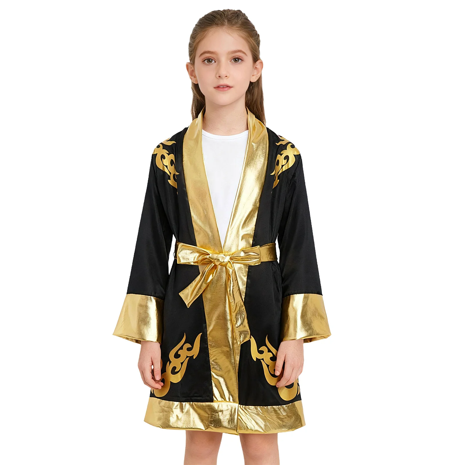 

Kids Unisex Boxing Training Costume Long Sleeve Open Front Metallic Color Block Satin Boxer Robe with Belt for Boxing Events