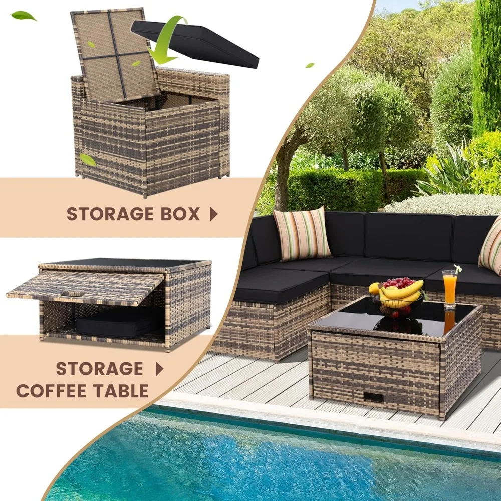8 Piece Outdoor Wicker Patio Furniture Sectional Set, Glass Top Table with Hidden Storage, Includes 7 Seating Components, Natura