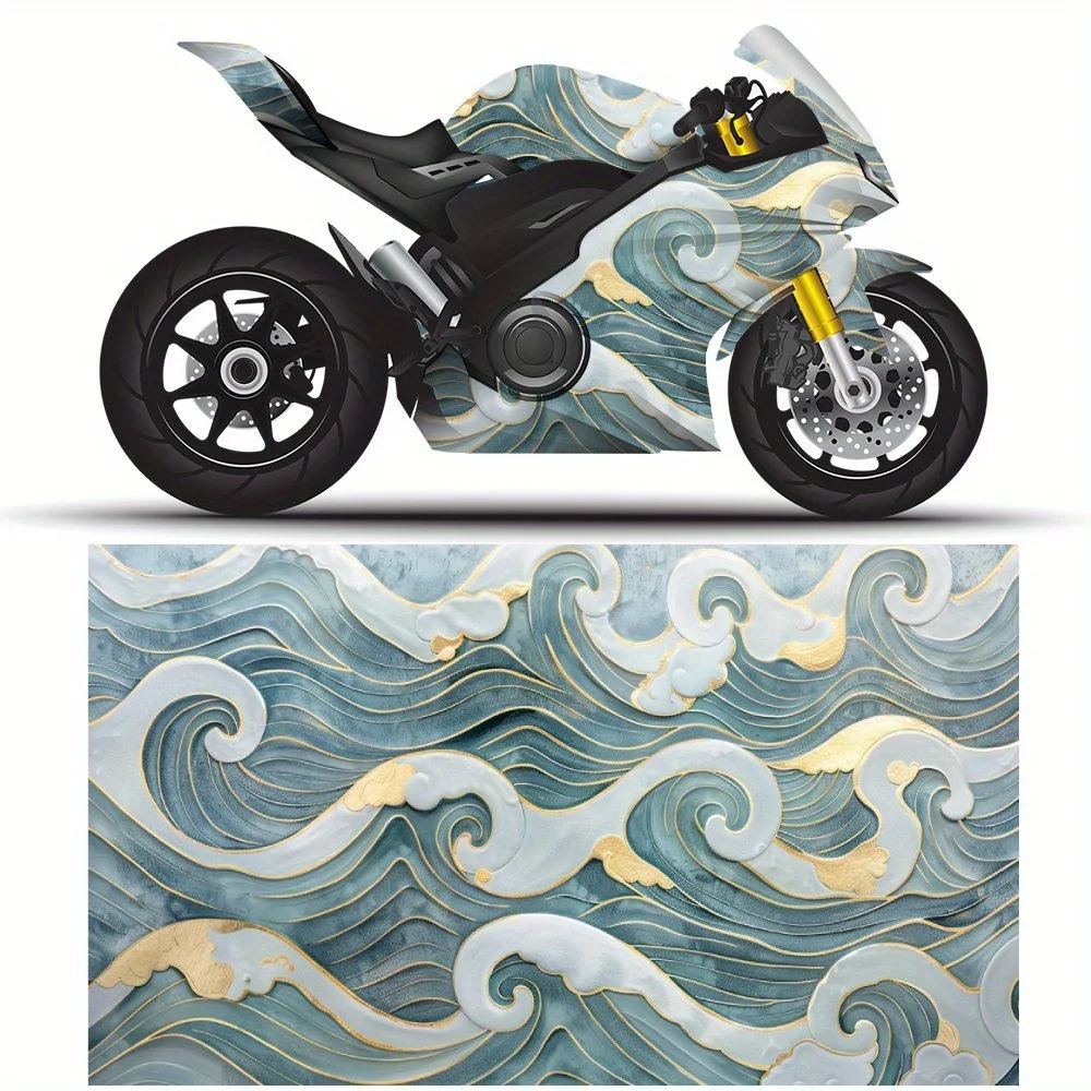 

Blue White Wave Pattern Motorcycle Vinyl Wrap, Waterproof Removable Decal Sticker, Universal Fit for Motorbikes, Durable Anti-Sc